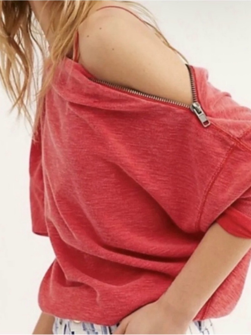 We The Free Large Red Knit Drop Shoulder Zip Cotton Blend Lounge Sweatshirt
